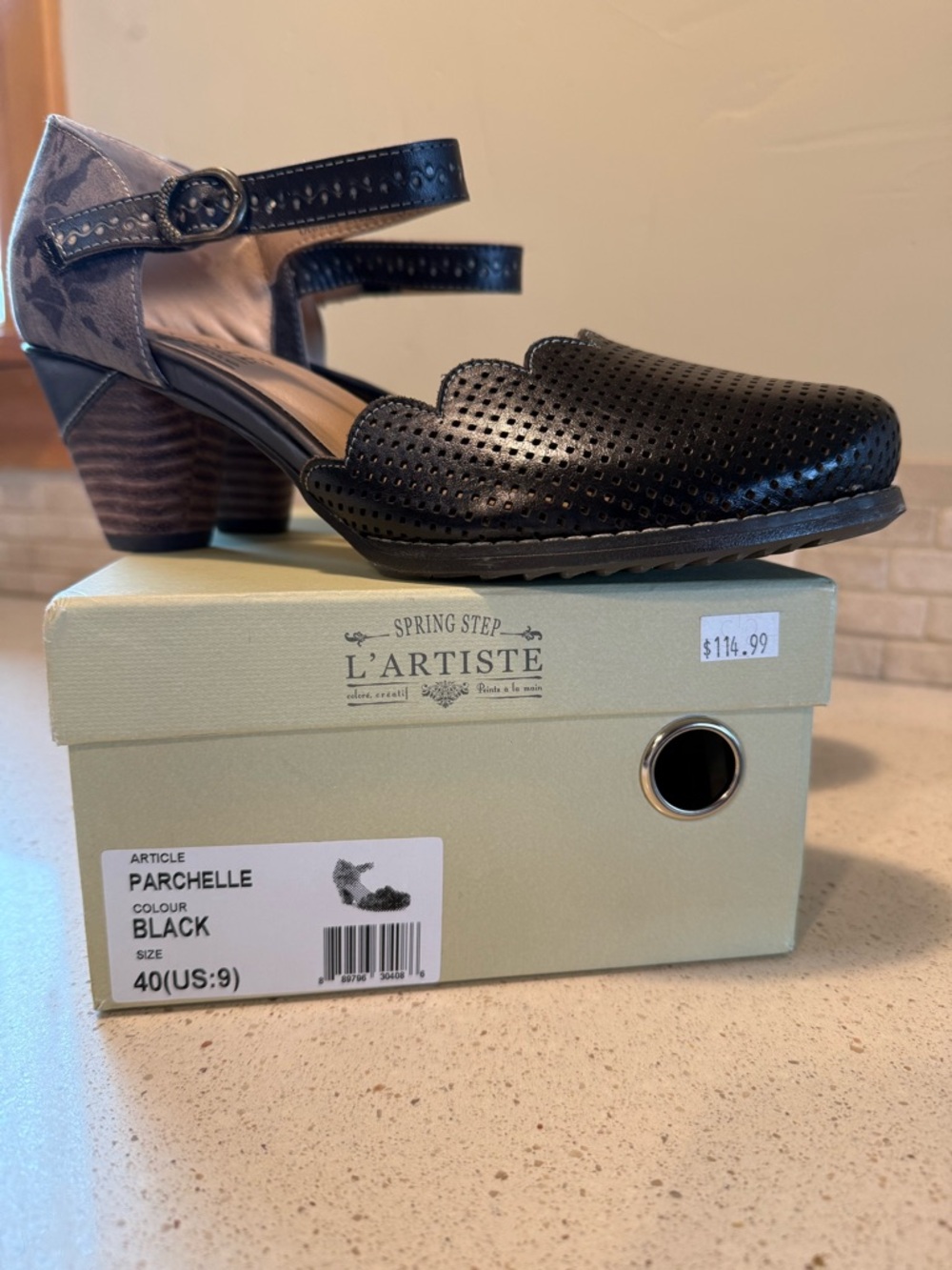 L'ATISTE Black Perforated Leather Double-Strap Mary Jane Heels